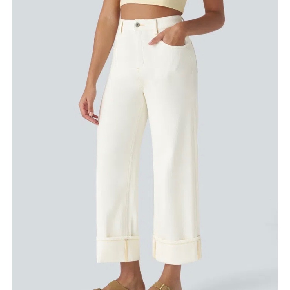 Halara L Regular High Waisted Wide Leg Cuffed Rolled Hem Jeans Cream Off White